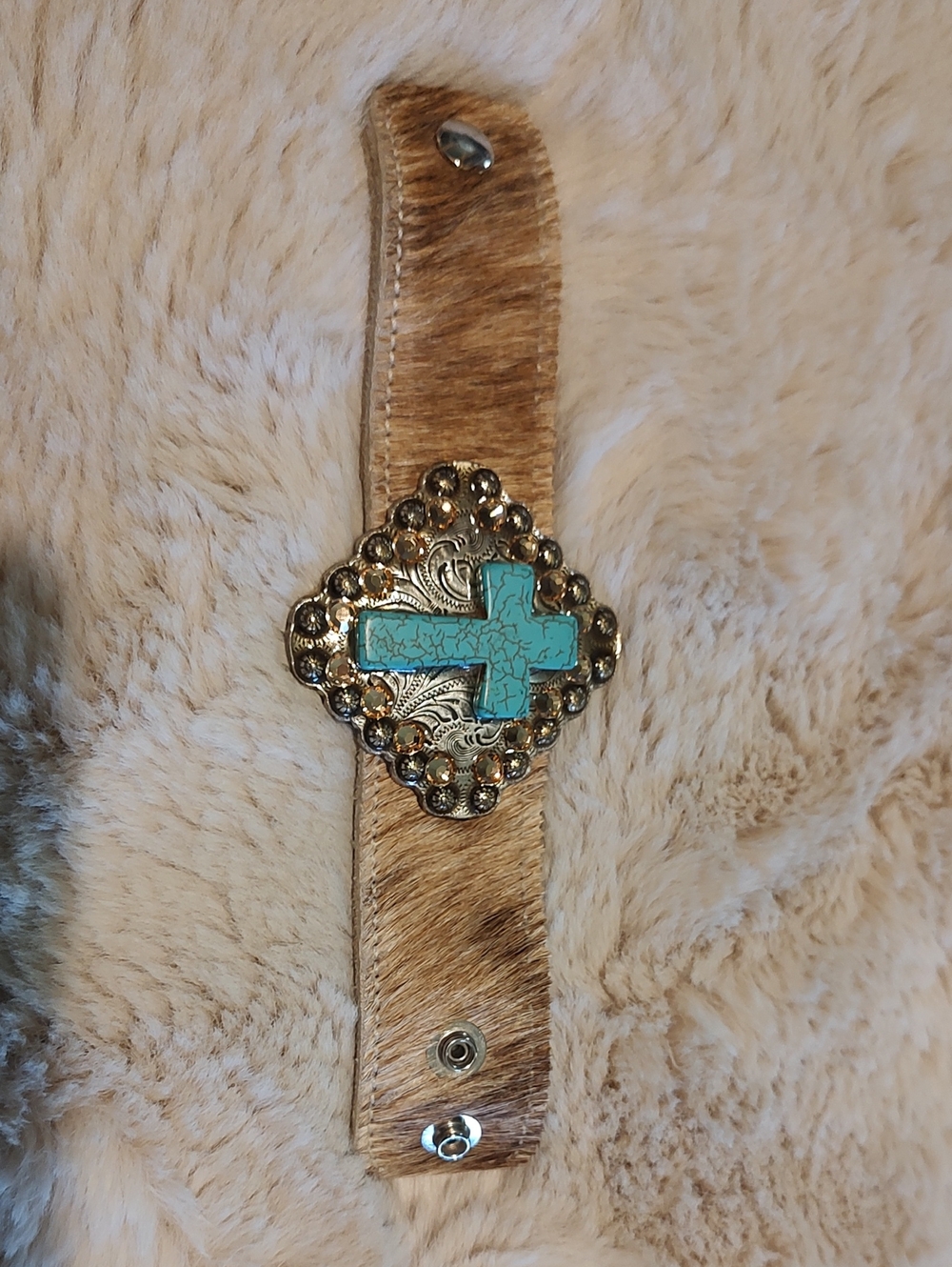 Turquoise Cross Hair-On Leather Cuff Bracelet